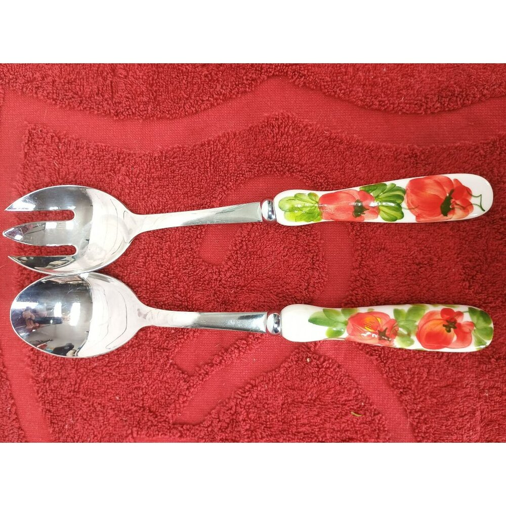 Vietril Lastra Poppy 2-Piece Stainless Steel Salad Serving Set Hand-Painted - Picture 3 of 7